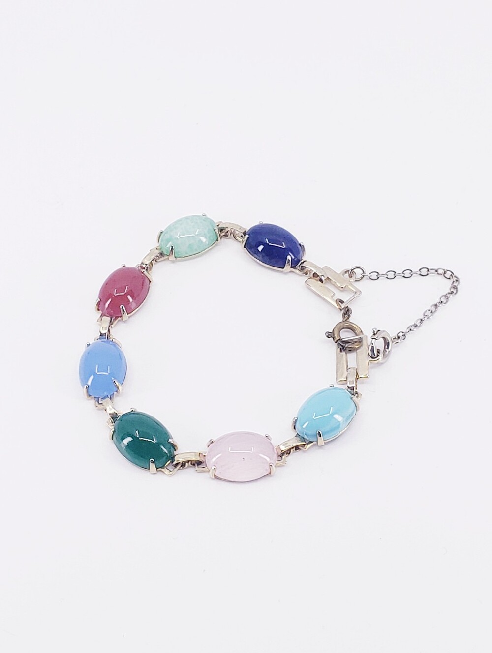 E6004 Multicolor Real Oval Stone Link Bracelet 6-6.25"